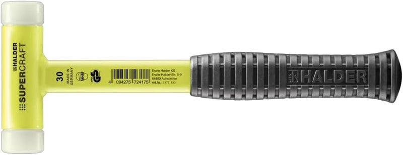 Halder SuperCraft Hi-Viz Dead Blow Mallet 3377.130 - Non-Rebounding Mallet, Hard Nylon Inserts, Break-Proof Steel Tube Handle, Anti-Slip Grip, 30mm, 1.3 lbs. - Image 1